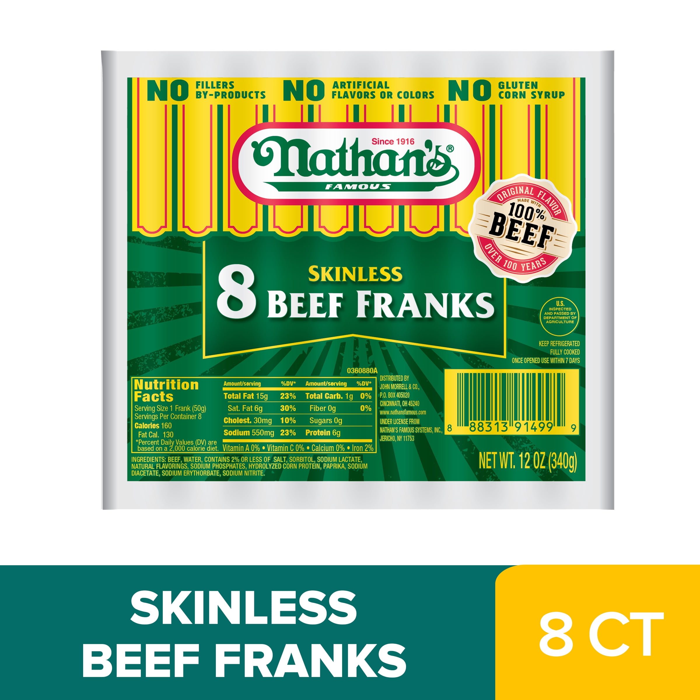 Nathan's Skinless Beef Hot Dogs, 12 oz