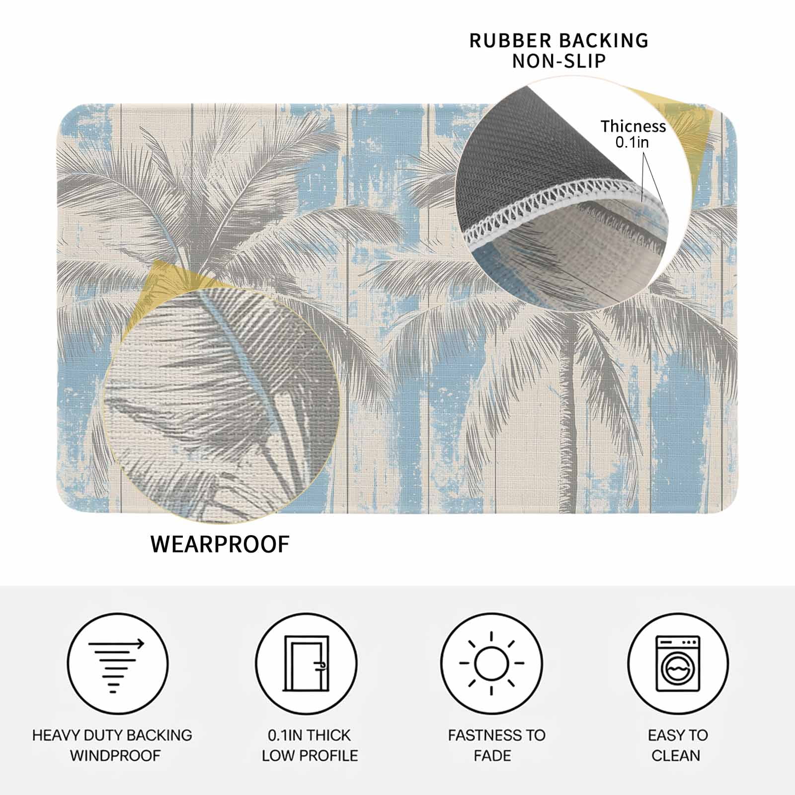 Palm Tree Doormat Outdoor Entrance 18"x30", Blue Tropical Plant Summer Retro Wood Plank Absorb Moisture Dirt Door Mats, Non-Slip Rubber Backing Floor Mats Indoor, Low-Profile Front Door Rugs