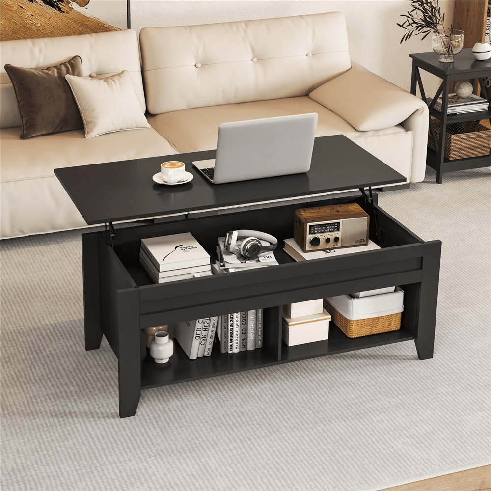 Alden Design 41" Lift Top Coffee Table with 2 Storage Compartments for Living Room, Black