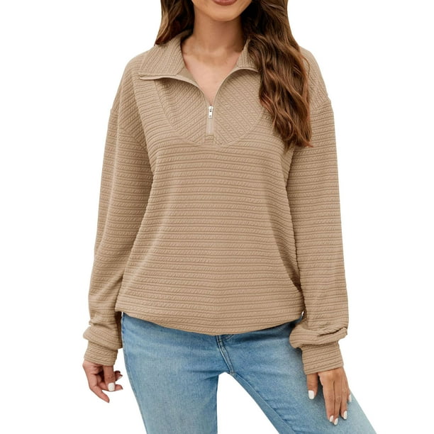 Gibobby Suéter de invierno para mujer Sudaderas con media cremallera para mujer, con cremallera de un , sudaderas con capucha de tamaño, trajes de otoño(Caqui,M)