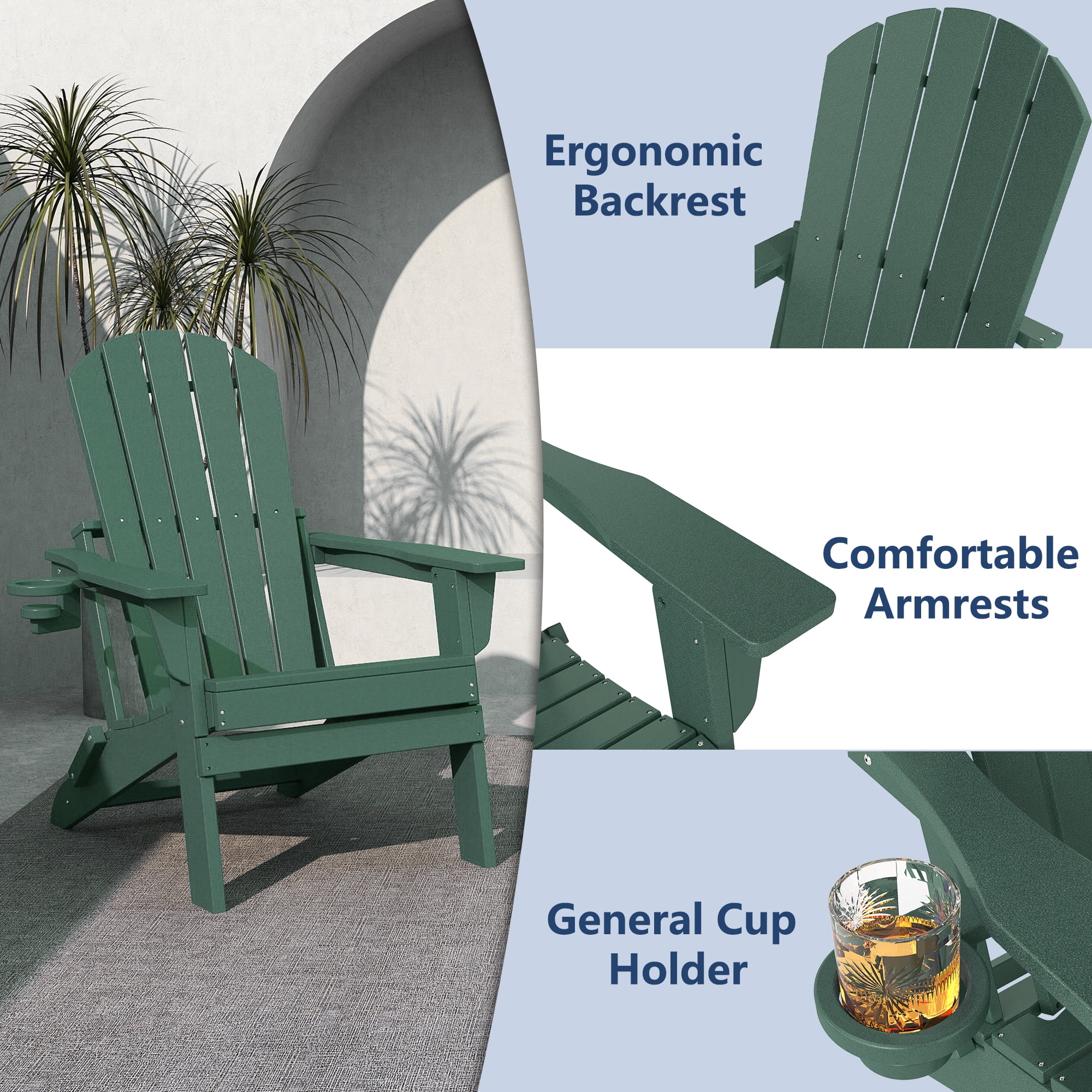 FOOWIN HDPE Folding Adirondack Chair with Cup Holder, Fire Pit Chairs Set of 2, Green