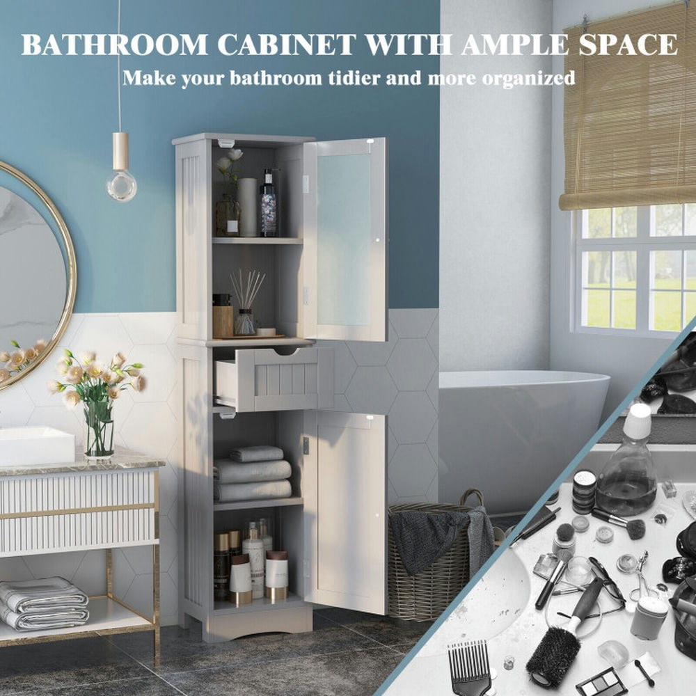 Finihen Storage Cabinet, Floor Cabinet, Tall Floor Storage Cabinet with 2 Doors and 1 Drawer for Bathroom, Living Room, Bedroom, Kitchen, Gray