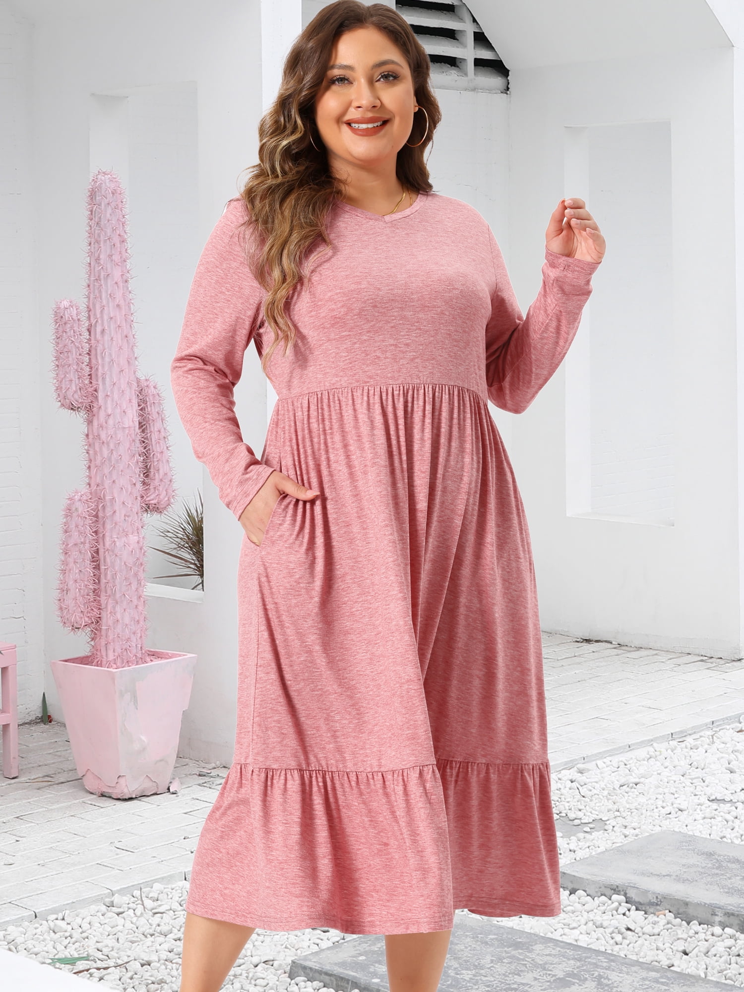 DARING DIVA Plus Size Casual V Neck T Shirts Flowy A-Line Dress 2X Pink