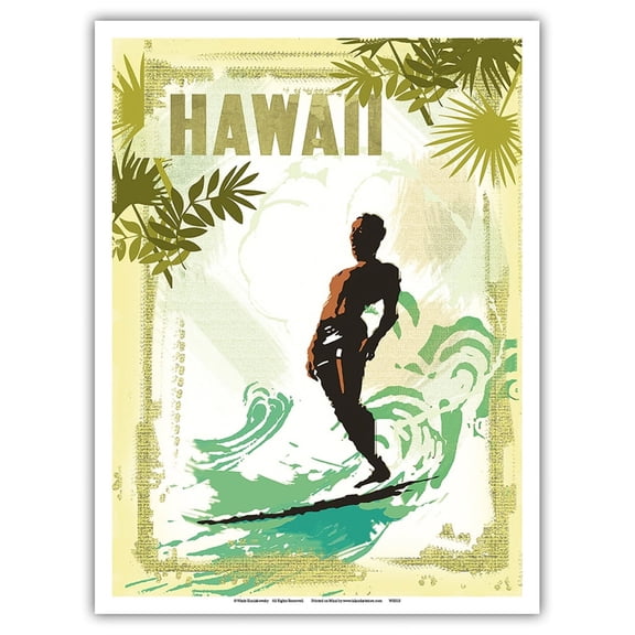 Hawaii - Surfer On Wave - Vintage Travel Poster by Wade Koniakowsky - Master Art Print (Unframed) 9in x 12in