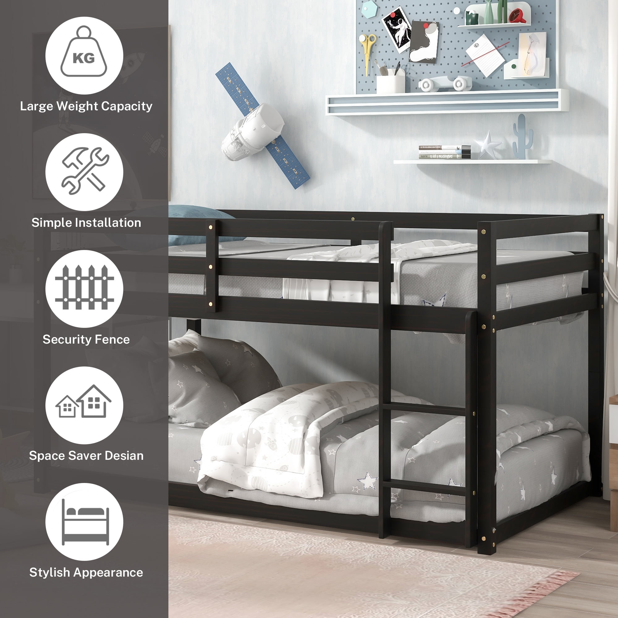 PORKISS Bunk Beds for Kids, Twin over Twin Floor Bunk Bed with Safety Rail and Ladder, Solid Wood Low Bunk Bed Frame for Boys Girls, No Box Spring Needed, Espresso