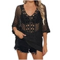 thumbnail image 3 of Tqyyweavej Womens Crochet Bathing Suits Coverups 3/4 Length Sleeve Solid Color Swimsuit Cover Up Loose Free Size Cover Ups for Swimwear Women, 3 of 7