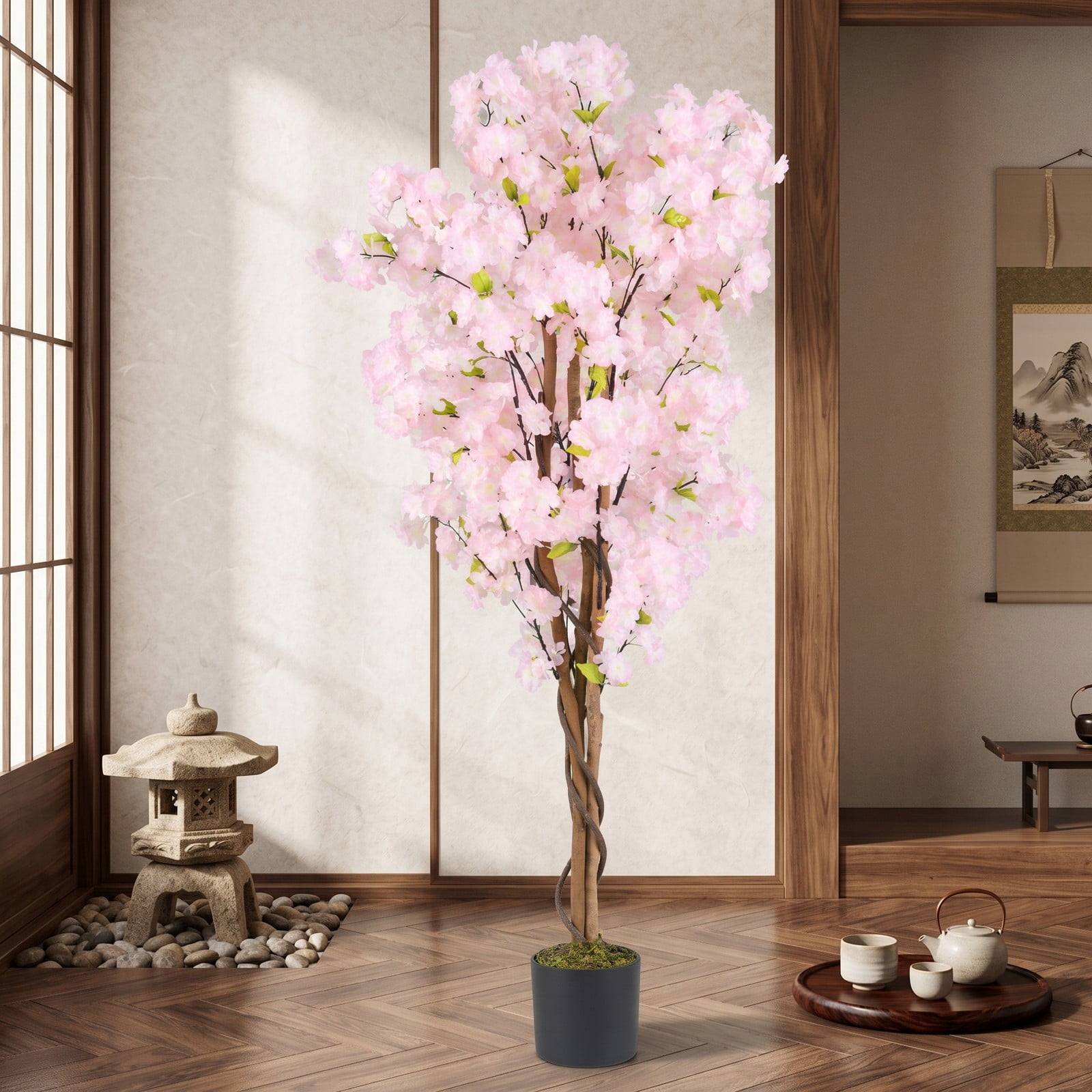 ALPULON 5 FT Artificial Cherry Blossom Tree with Pink Flowers, Faux Silk Blossom Tree with Cement-Filled Pot and Adjustable Wired Branches for Home Office, Pink