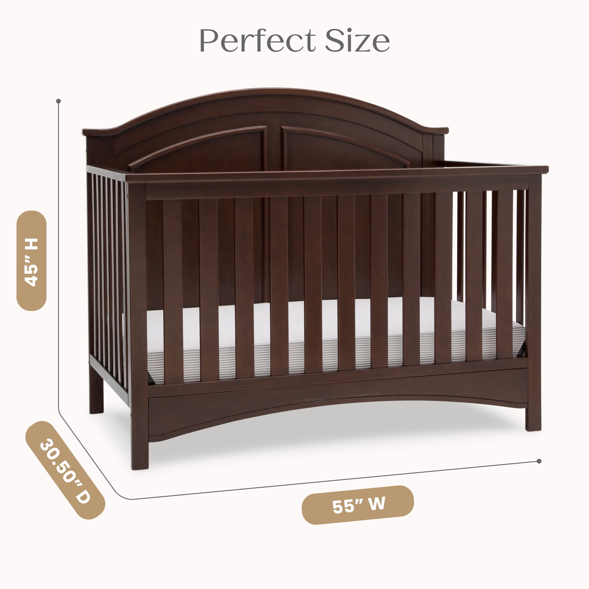 Delta Children Perry 6-in-1 Convertible Crib, Greenguard Gold Certified, Converts to Toddler Bed, Daybed, Sofa Bed & Full-Size Bed with/without Headboard, Fits Standard Crib Mattress, Walnut Espresso