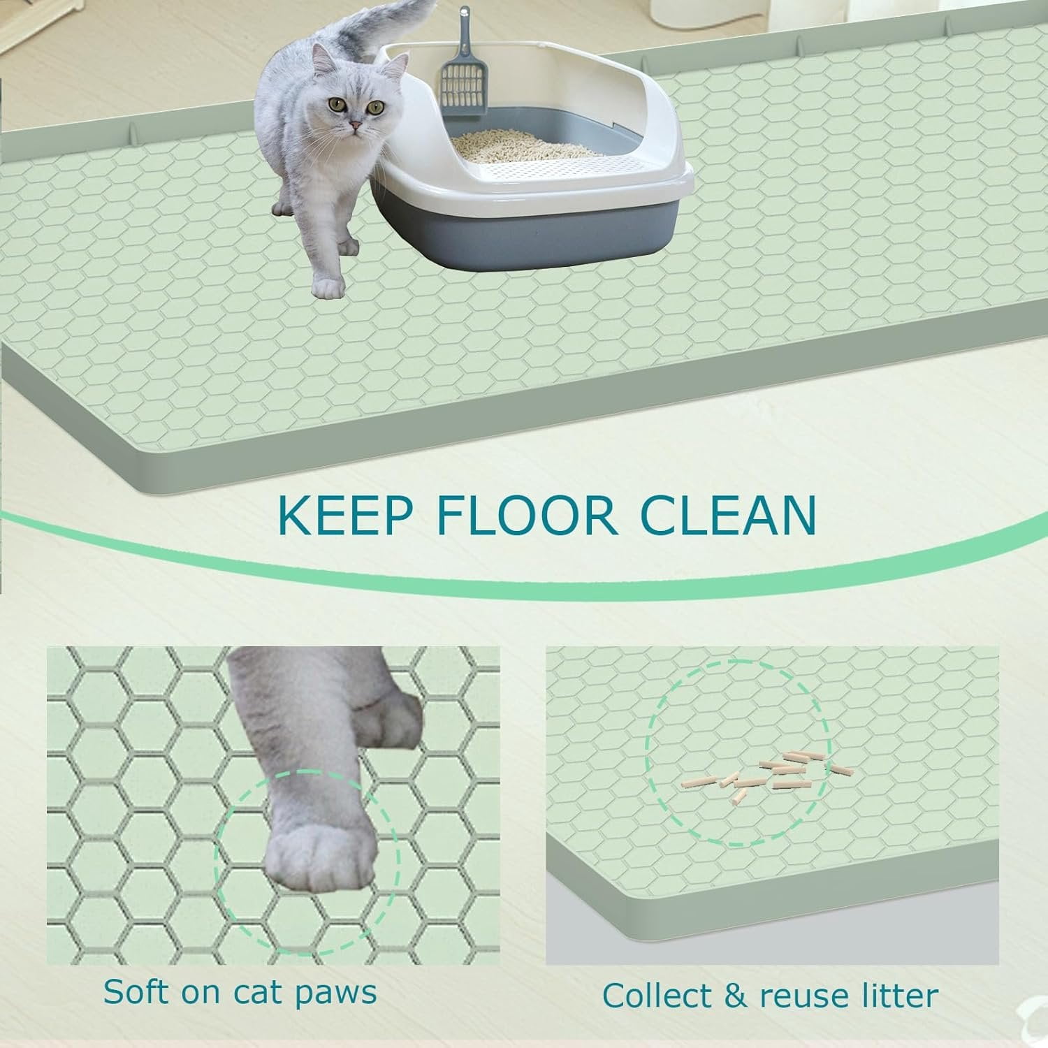 Litter Mat for Litter Box,  Large  Litter Trapping Mat - 28x19 in,  & Non-Slip, Durable & Easy Clean, Green