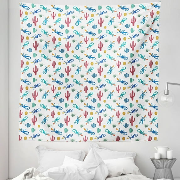 Gecko Tapestry, Watercolor Effect Lizards Cactuses Succulent Plants and Reptiles Pattern Colorful, Fabric Wall Hanging Decor for Bedroom Living Room Dorm, 5 Sizes, Multicolor, by Ambesonne