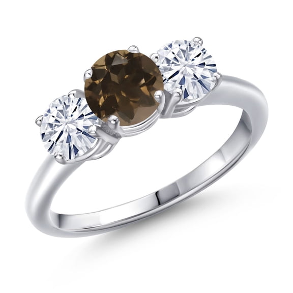 Gem Stone King 925 Sterling Silver Brown Smoky Quartz and White Moissanite Engagement Ring for Women | 1.80 Cttw | Round 6MM | Gemstone Birthstone | Size 8