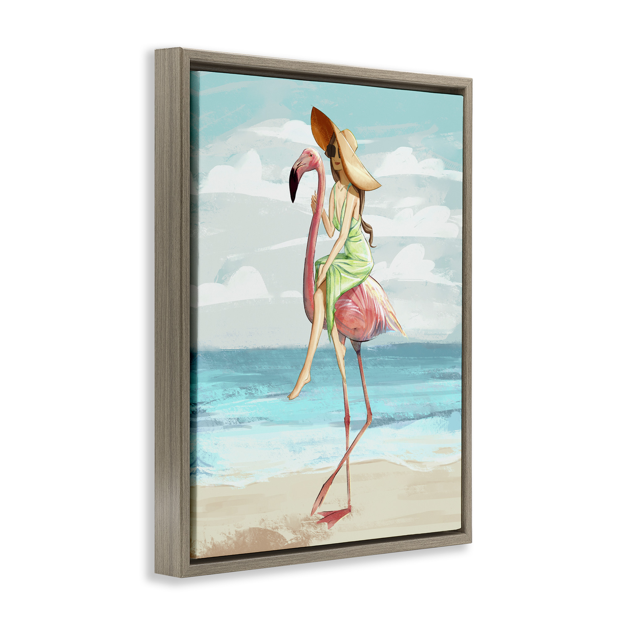 Stupell Industries Beach Woman Riding Pink Flamingo Animals & Insects Painting Brown Floater Framed Canvas Art Print Wall Art, 25 x 31