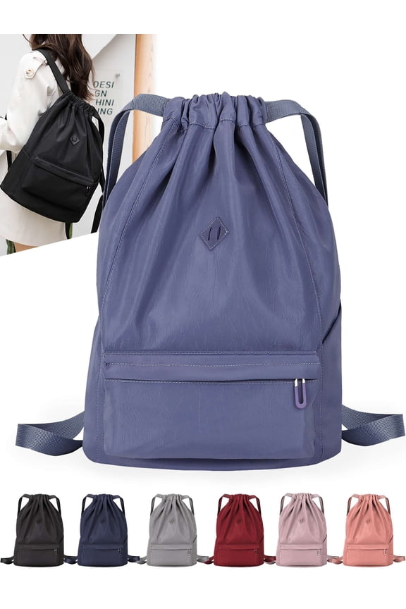 Drawstring Backpack Nylon Waterproof Sports Gym Bag Sackpack Cinch Sack Casual Travel Shoulder Bag for Men Women "Blue"