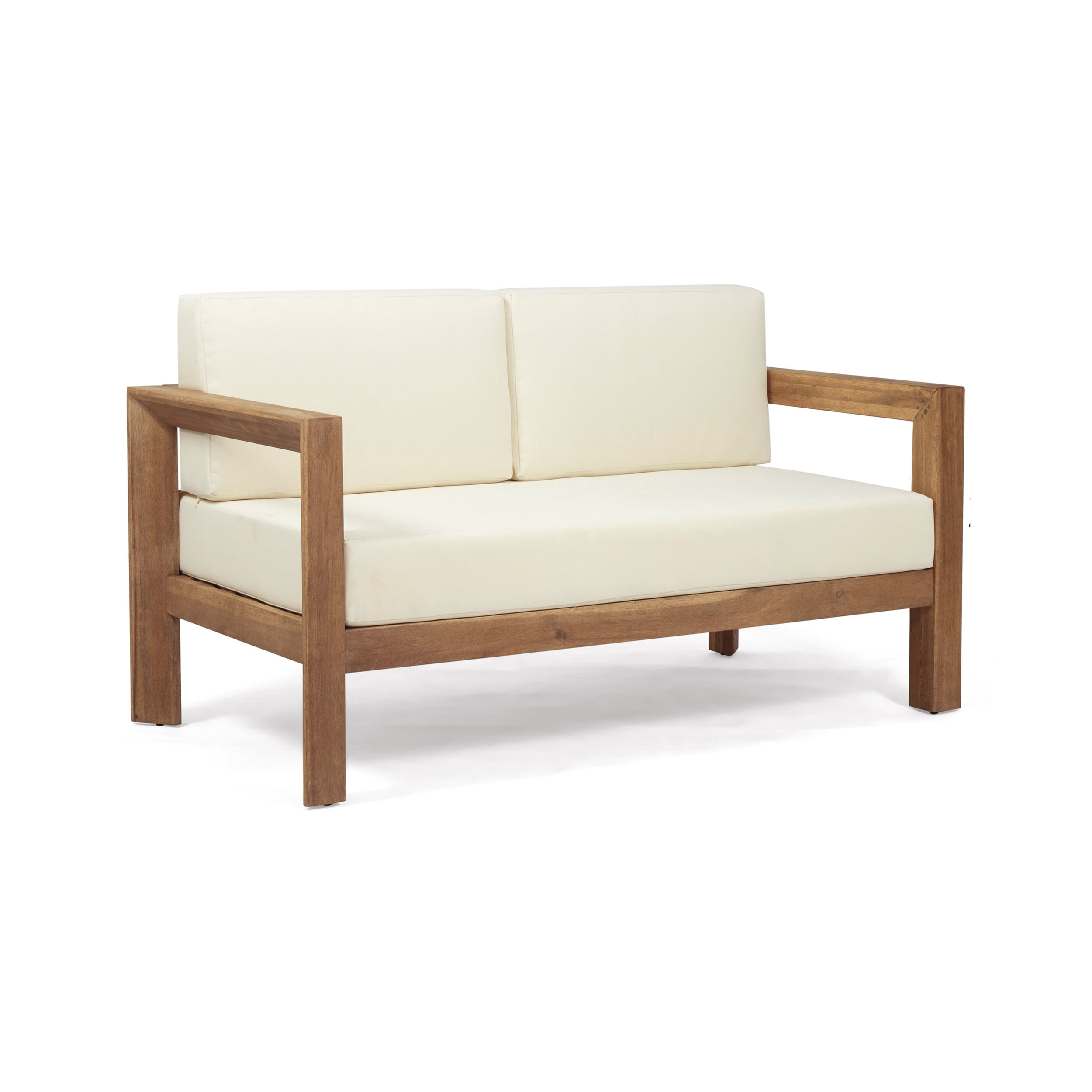 Euroco Modern Outdoor Loveseat and Coffee Table Set, Acacia Wood Frame with Water-Resistant Cushions, Open Slat Design, Natural Finish