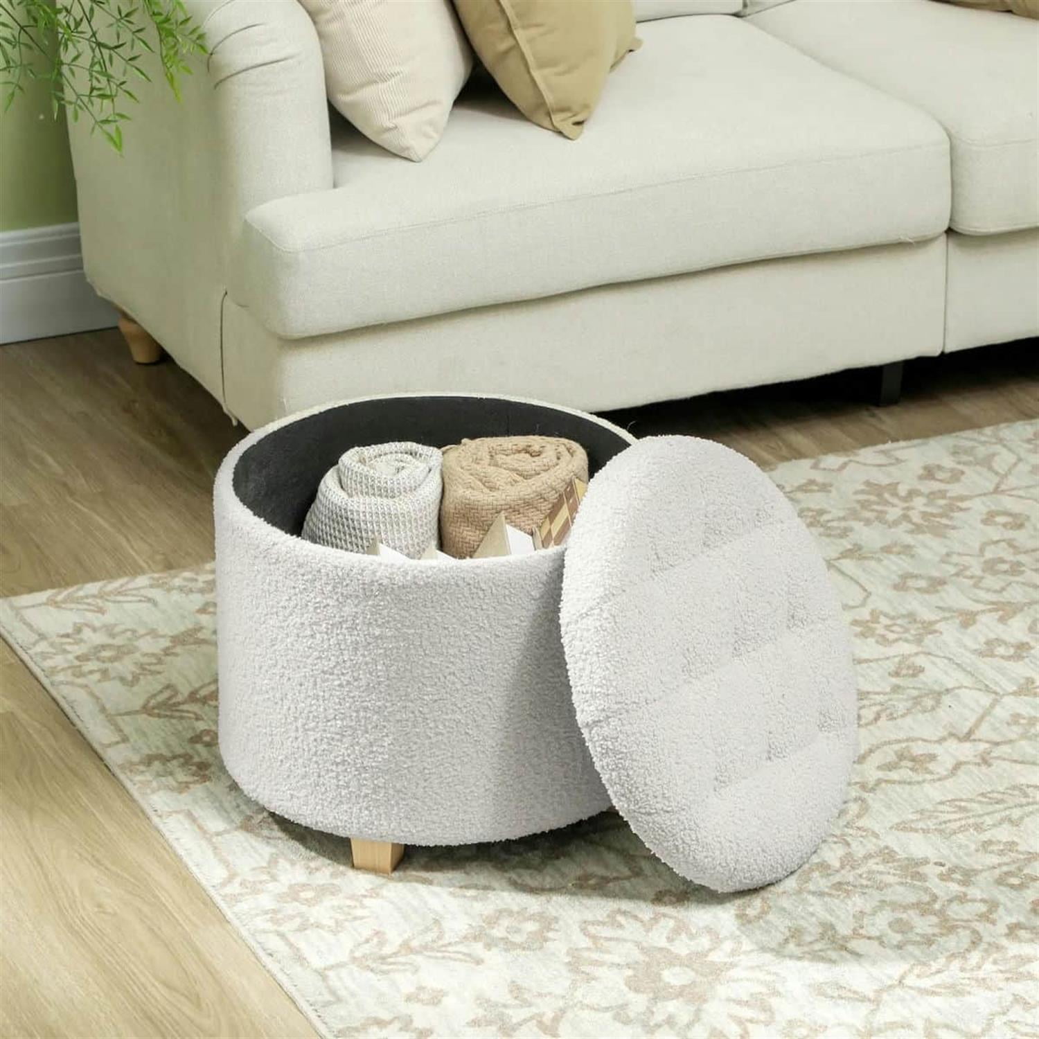 Demi Bonn 17" Round Ottoman with Storage, Wooden Legs, Cozy Teddy Fleece Tufted Footstool Lid for Living Room Hallway, White