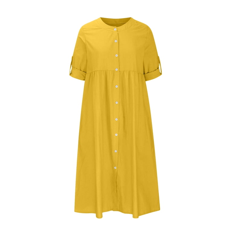 VSSSJ Cotton Linen Dresses for Women Button Down 3/4 Sleeve Solid Color  Loose Comfy Holiday Casual Lapel Neck Swing Midi Long Shirt Dress Yellow  XXL - Walmart.com