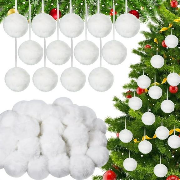 Triani 24Pcs Christmas Furry Ball Ornaments 2.36 Inch Soft Faux Fur Pom Poms Balls Christmas Tree Round Hanging Decorations for Christmas Tree Supplies(White)
