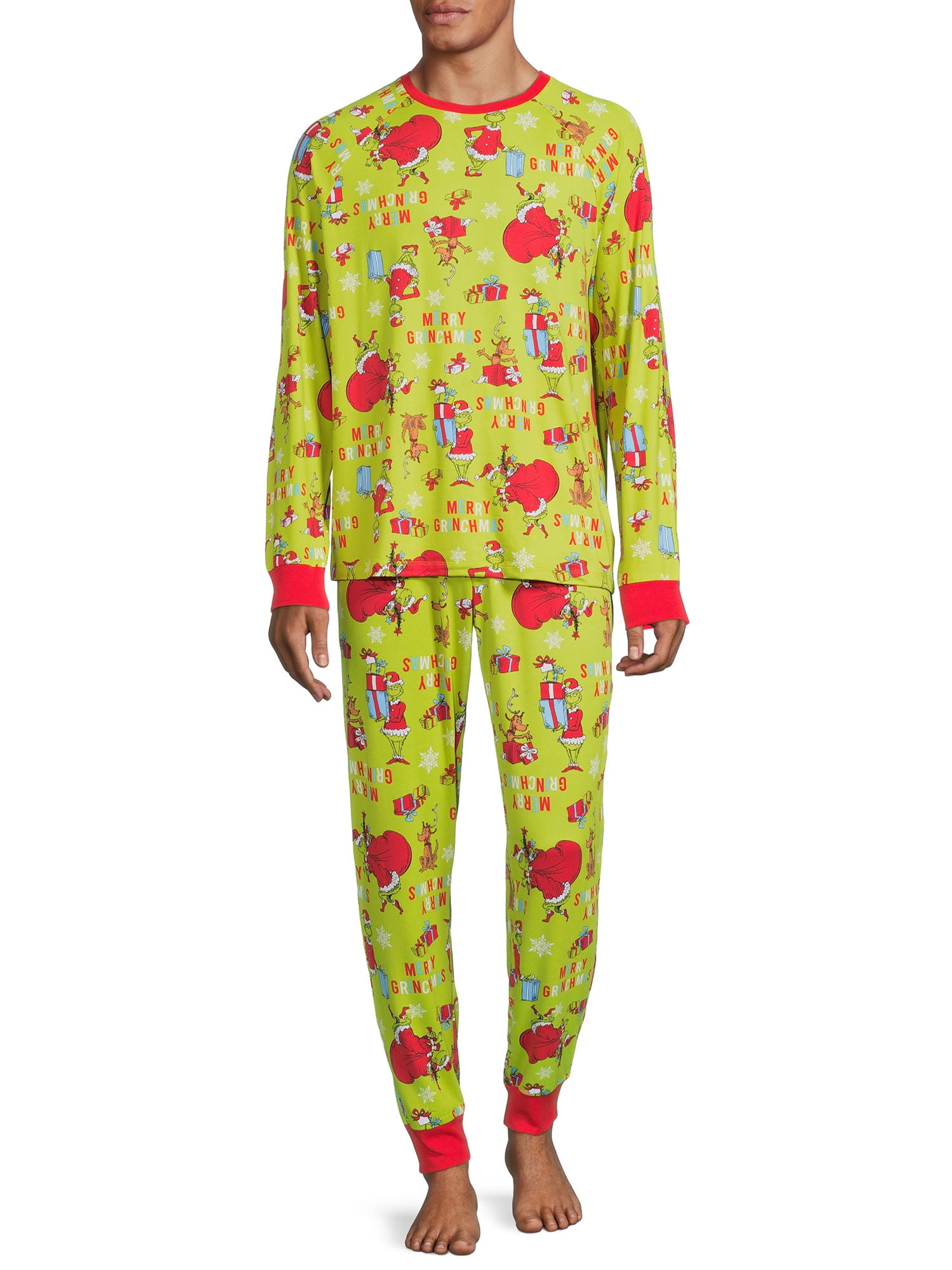 Dr. Seuss Grinch Matching Family Sleepwear Men's Long Sleeve Top and Pants, 2-Piece Pajama Set