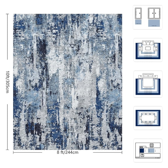 8x10 Abstract Low Pile Washable Area Rug in Ocean Blue