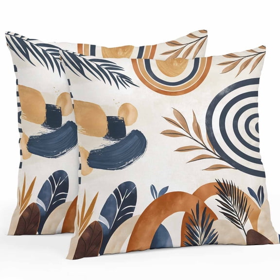 Throw Pillow Covers 20x20 Inch Set of 2, Brown Nave Blue Boho Waterproof Outdoor Pillow Covers, Modern Geometric Botanical Decorative Cushion Pillowcases for Couch, Sofa, Bed, Garden, Patio