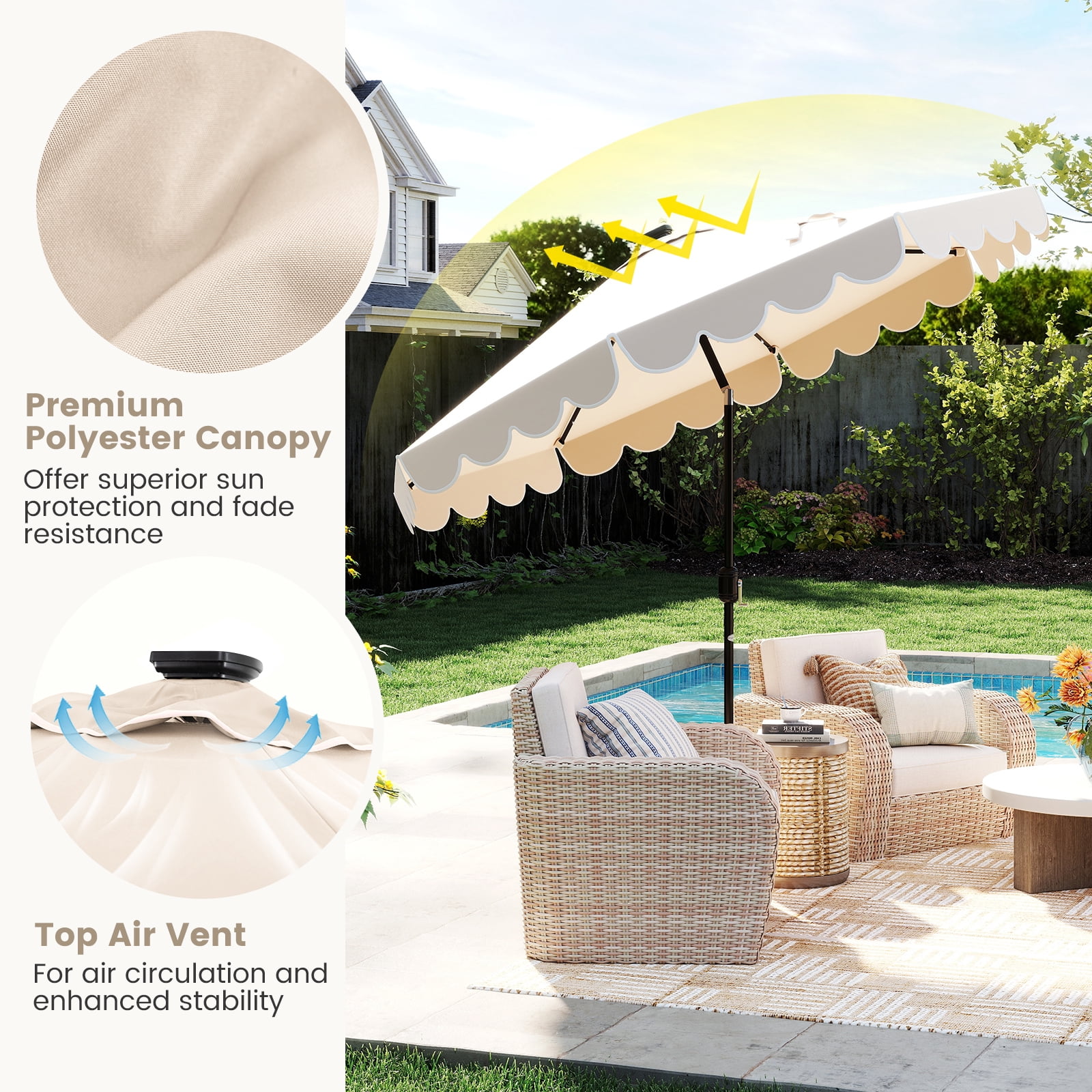 Gymax 9.3 FT Solar Patio Umbrella w/ 32 LED Lights & Vented Top & Ruffles Beige