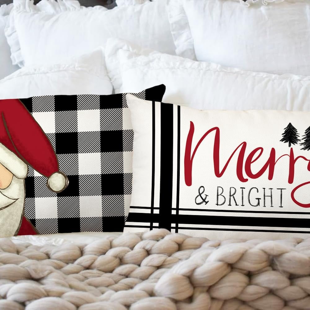 Christmas Decorative Pillow Covers 12 x 20 Inch Set of 4, Buffalo Plaid Santa Claus Snowman Let it Snow Holiday Farmhouse Cushion Cases Xmas Decoration for Home Party Sofa Couch GA436-12