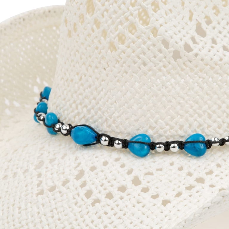 Straw Sun Hat with Turquoise Bead Trim Panama Fray - Natural Hand Woven Fray Straw Hat With  main image 2