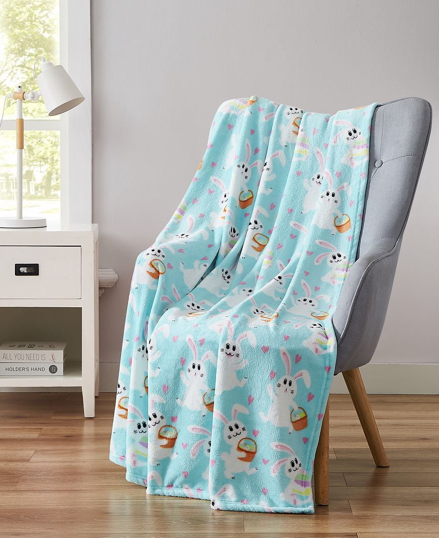 Easter Bunnies Throw Blanket: Colorful Easter Bunny Egg Hunt Fun, Soft Cozy Velvet Fleece, Blue White for Boys and Girls 50' x 60' Inch