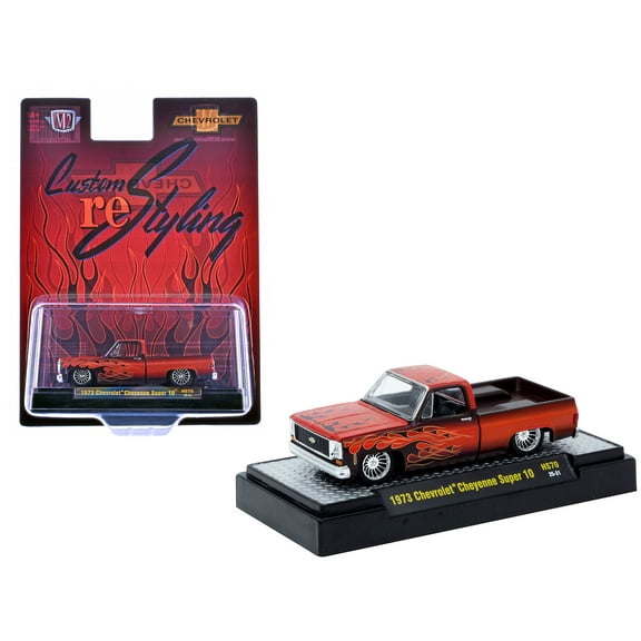 1973 Chevrolet Cheyenne Super 10 Pickup Truck "Custom Re-Styling" Red with Flame Graphics 1/64 Diecast Model Car by M2 Machines