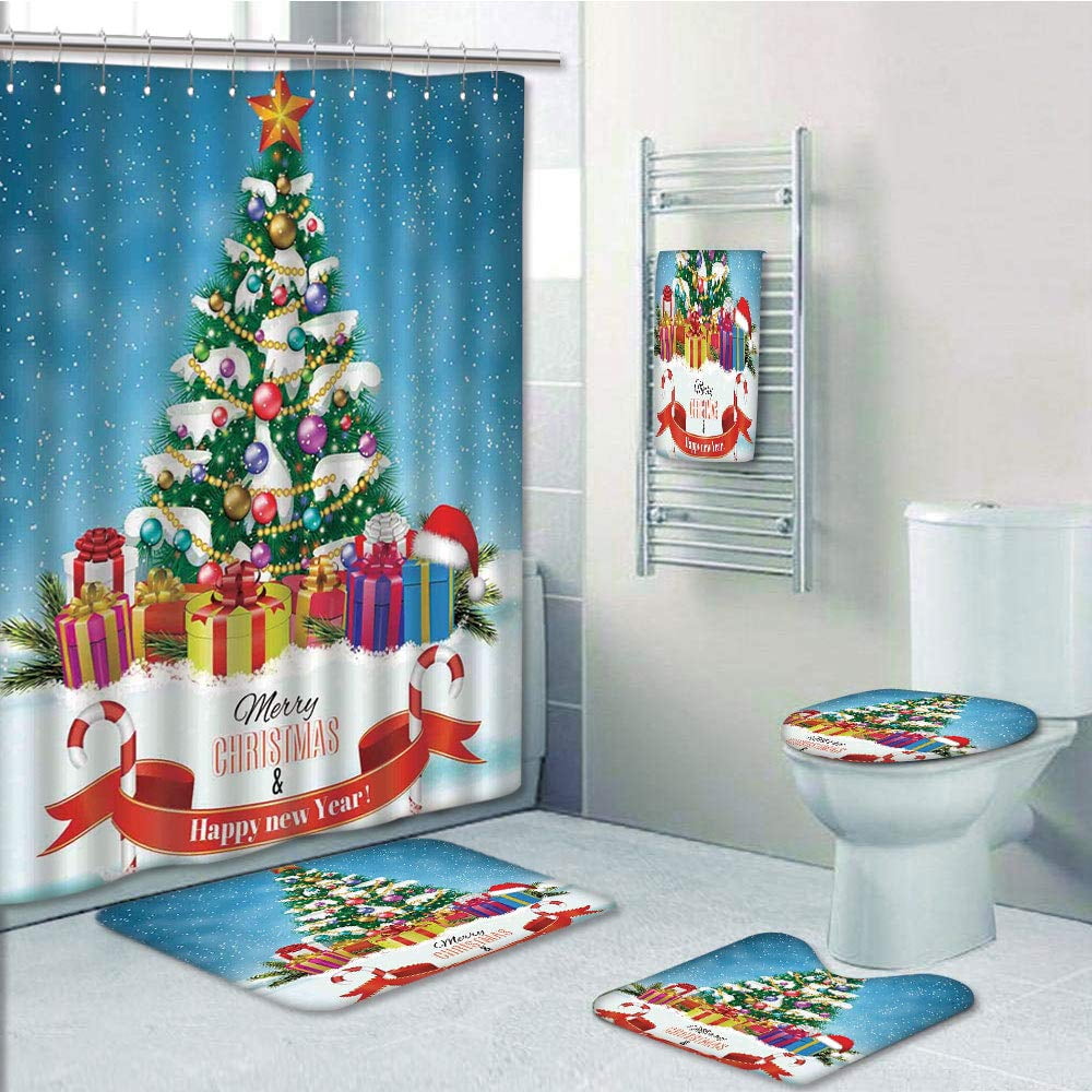 Xmas Bathroom Decor Three-Piece Santa Snowman Cartoon Flannel Floor Mat Christmas Ornament Bath Mat Lid Toilet Cover
