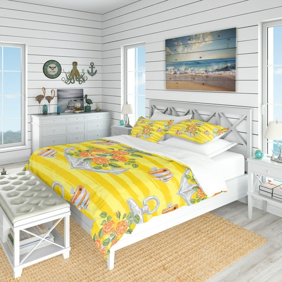 Designart 'Yellow Anchor Pattern' Nautical & Coastal Duvet Cover Set