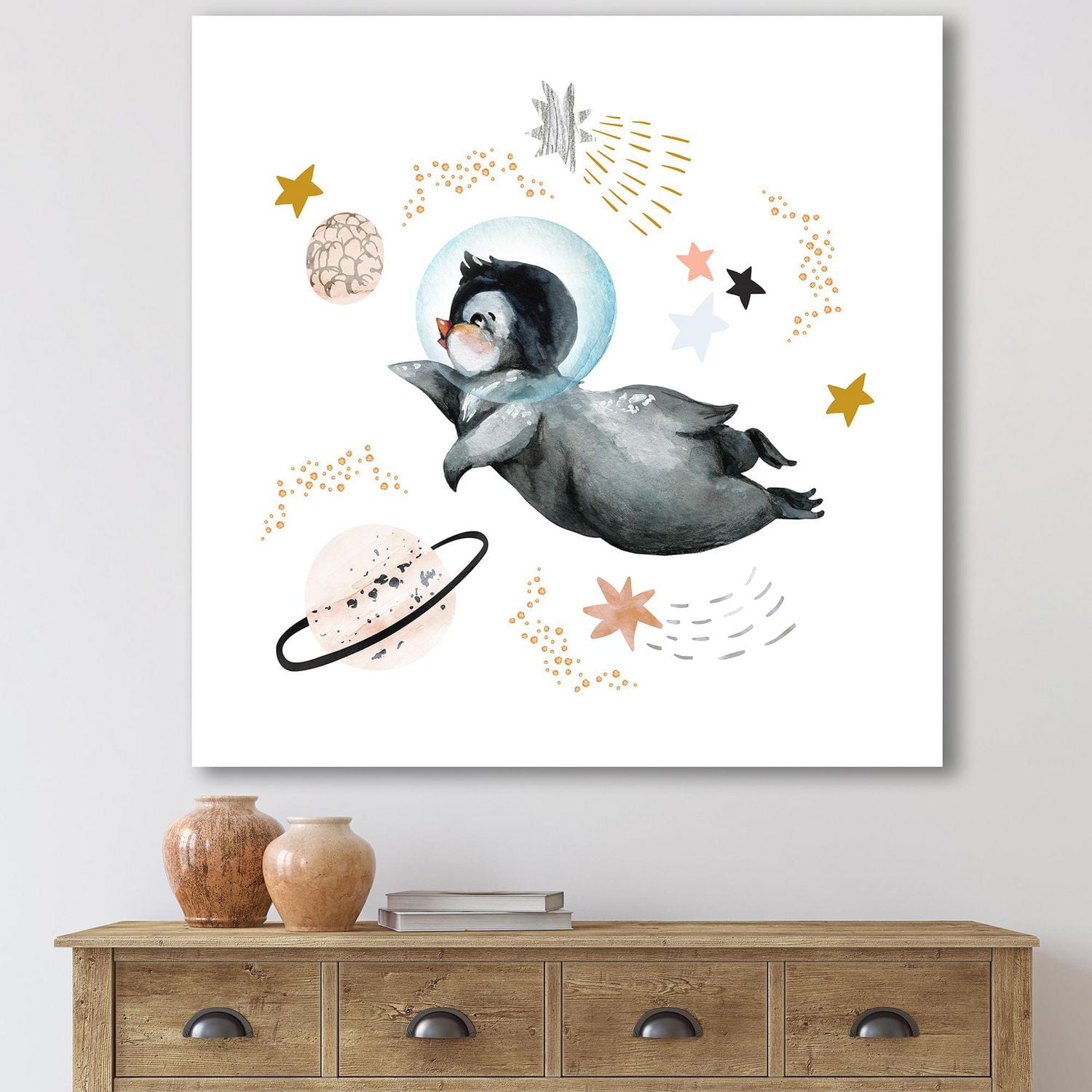Designart Little Penguin Flying Stars and Planets II Canvas Wall Art