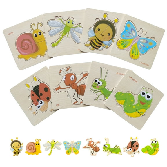BEACENOV Toddler Puzzles,Set of 8,Wooden Jigsaw Puzzle for 1 2 3 Year Old Baby Boys or Girls,Toddlers Gift,Preschool Learning Educational Toy [ Color & Shape Cognitive Skill ] (Insect Puzzle)