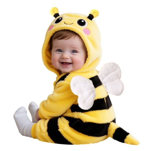 Mercatoo Baby Bee Costume, Fluffy Hooded Bumblebee Onesie Romper with Wings for Infant Boys Girls, Zipper Animal Jumpsuit, Cute Halloween Outfit Warm Onesie for Baby Photo Shoot