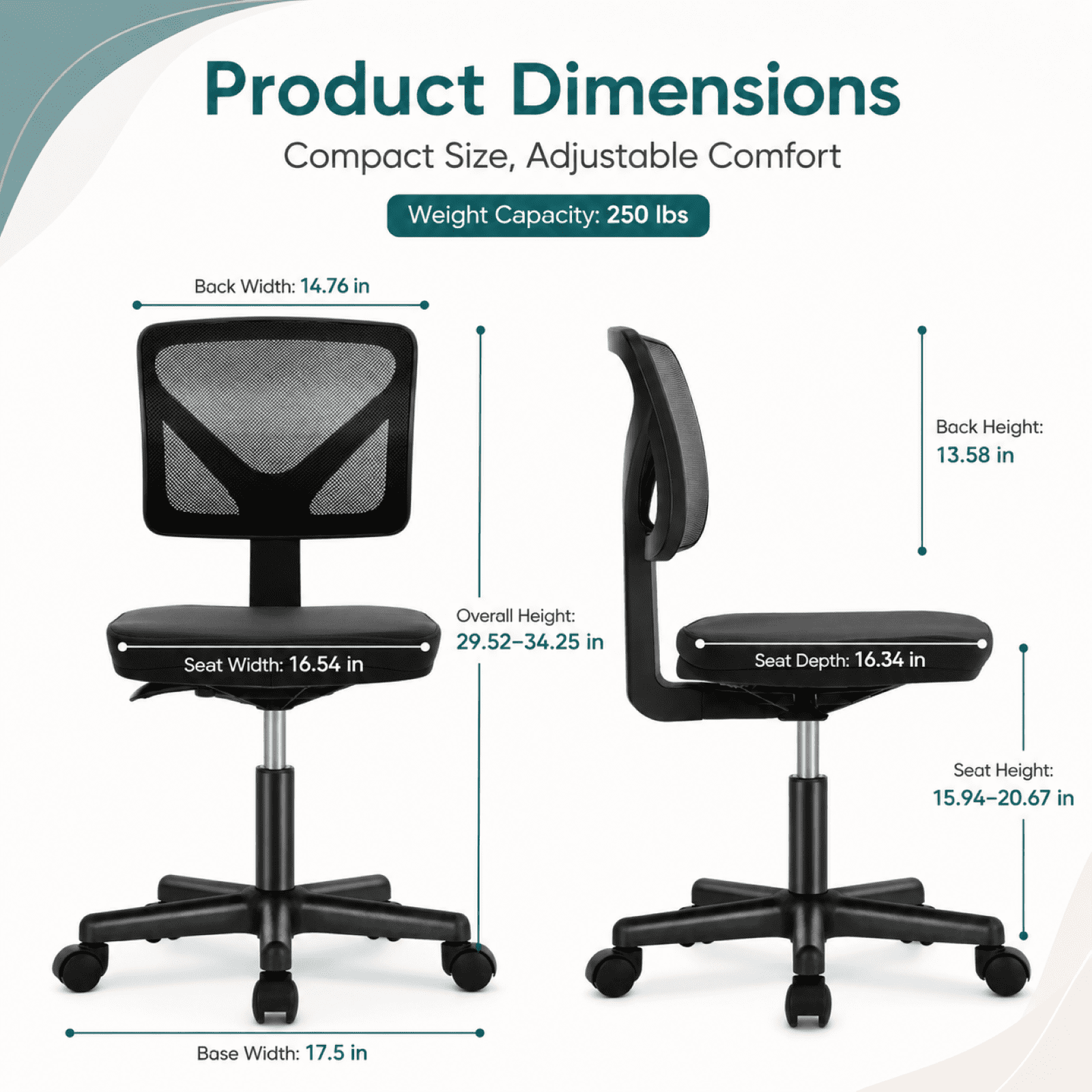 Kelno Small Desk Chair with Wheels Adjustable Computer Desk Chair with Lumbar Support Mesh Ergonomic Low-Back Office Chair, Black