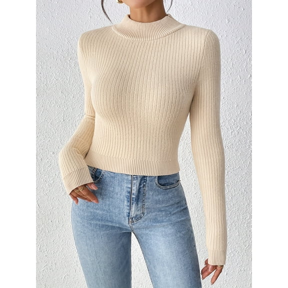 Beige Mock Neck Ribbed Knit Cropped Sweater