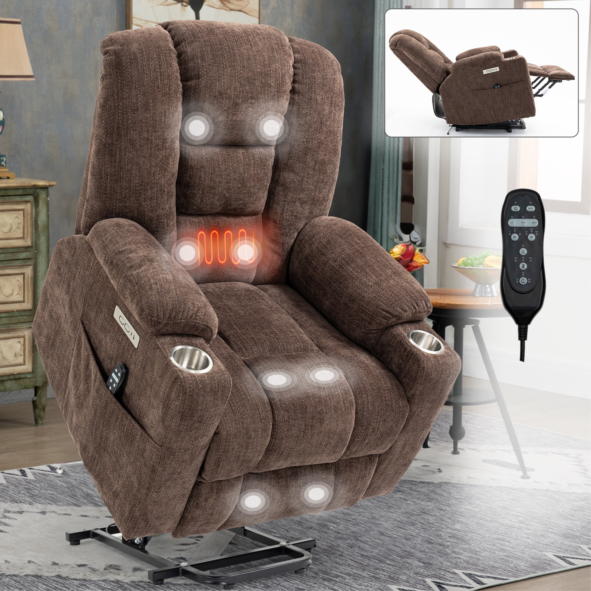 Large Power Lift Recliner Chair with Massage and Heat for Elderly,Chenille Overstuffed Wide Recliners with USB and Type C Ports, 2 Steel Cup Holders,Brown