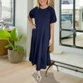thumbnail image 2 of asdoklhq Dress for Women Fashion Women Summer Casual Round-Neck Short Sleeve Solid Long Dress Navy XL, 2 of 6