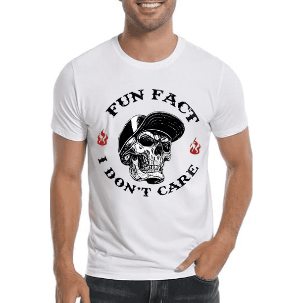 FUN FACT I DON'T CARE Skull Print Men's T-shirt,Top Menswear, Cotton Tee Shirt Casual Streetwear Outfit Shorts