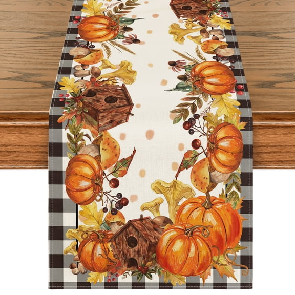 Smile Buffalo Check Plaid Fall Table Runner 13 x 72, Harvest Thanksgiving Pumpkins Mushrooms Birdhouse Maple Leaves