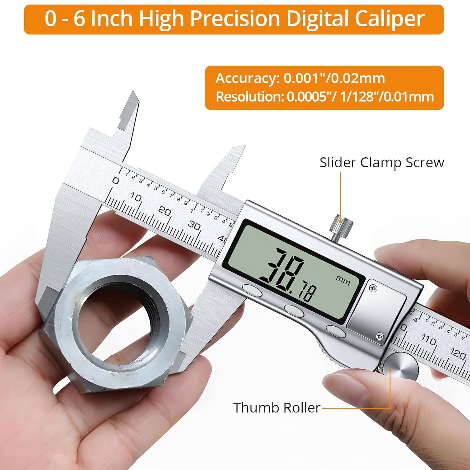 Neoteck 6" Digital Caliper, Stainless Steel, LCD Display, Fraction/Inch/MM Conversion, for Inside/Outside Diameter, Depth, Step Measurement