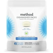 Method Dishwasher Detergent Packs, Dishwashing Rinse Aid to Lift Tough Grease and Stains, 45 Dishwasher Tabs per Package, Free + Clear - Fragrence Free, 1 Pack