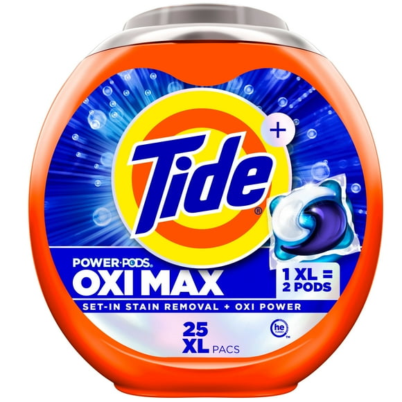 Tide Oxi Max Power PODS Laundry Detergent Pods, Stain Remover Plus Oxi Power, Detergent soap pacs for laundry washing, HE compatible, 25 Count
