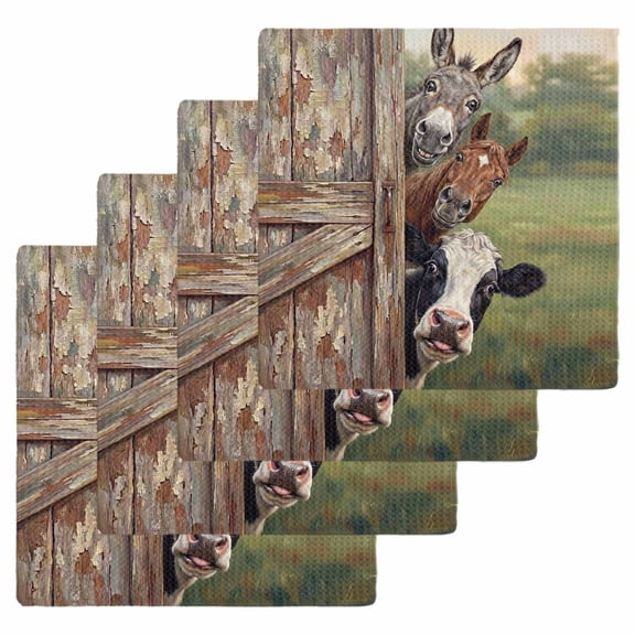 Farmhouse Animals Kitchen Dish Towels for Drying Dishes Set of 4, Country Cows Horses Donkeys Farm Waffle Weave Microfiber Hand Tea Bathroom Towels Quick Dry & Absorbent Towel 12x12