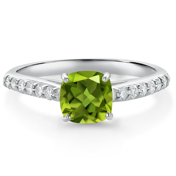 Gem Stone King 10K White Gold Green Peridot and White Lab Grown Diamond Engagement Ring for Women (1.03 Cttw, Gemstone August Birthstone, Cushion 6MM, Size 8)