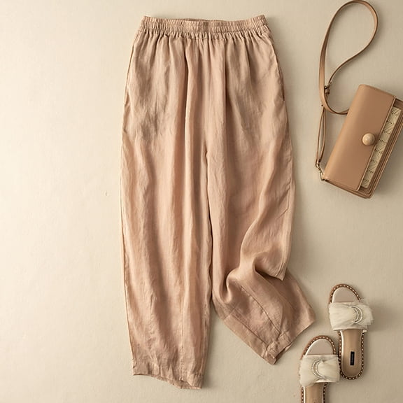 Endives Linen Pant Women Bloomers Drooping Pants Wide Leg Pants High Waist Loose Slim Casual Cropped Pants Straight Leg Baggy Pants Pink