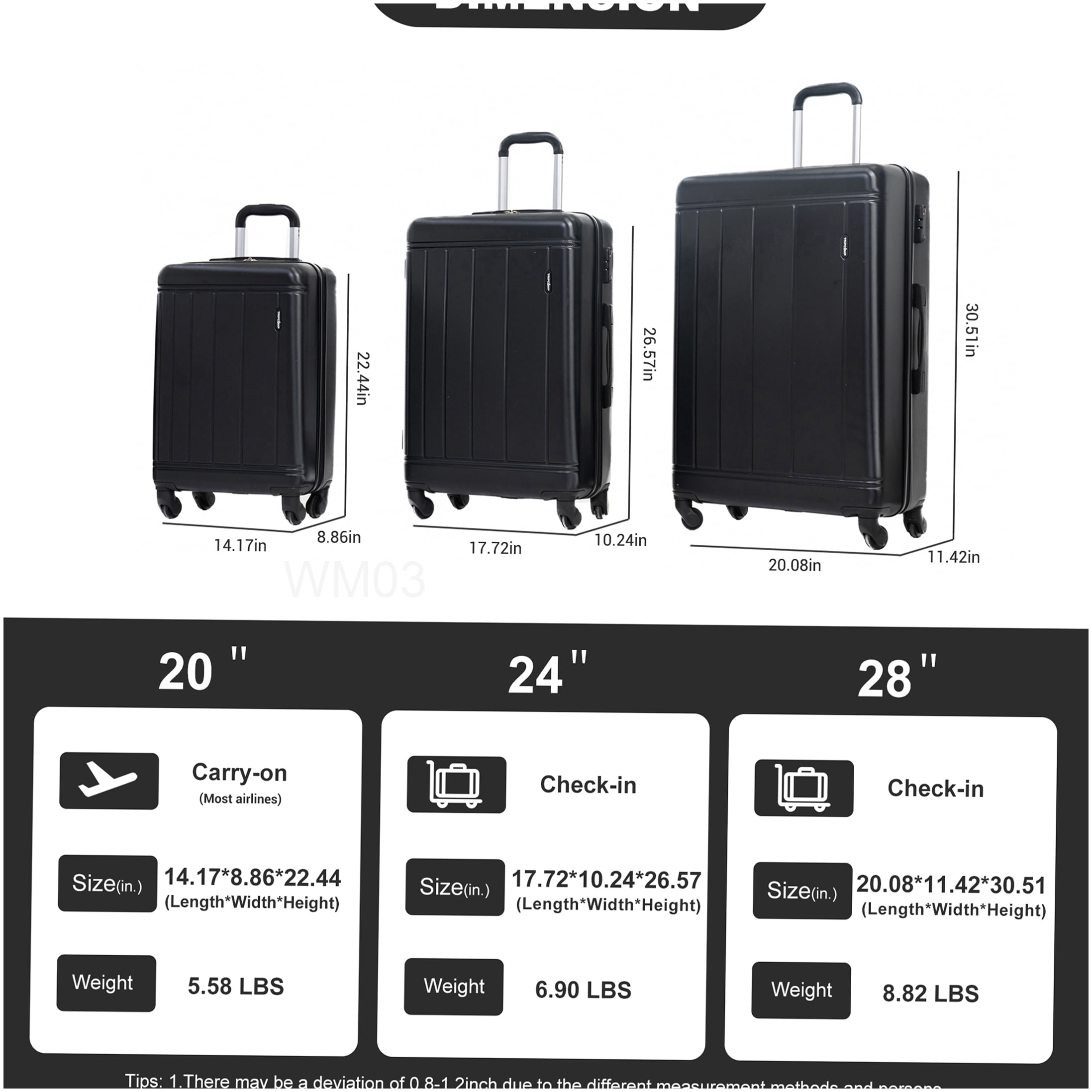 Black ABS+PC Hardshell Luggage Set with TSA Lock, 9-Piece Travel Suite with Carry-On, Checked Bags & Backpack