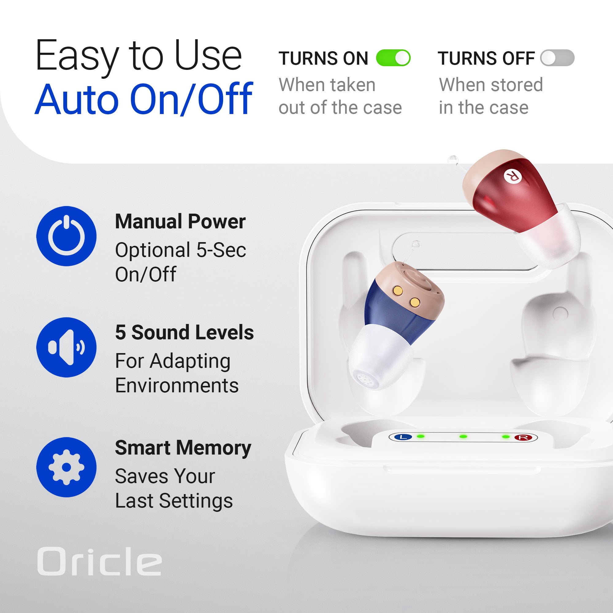 Oricle 2.0 Hearing Aids for Seniors with Advanced Noise Cancellation - Easy Volume Control with Portable Charging Case