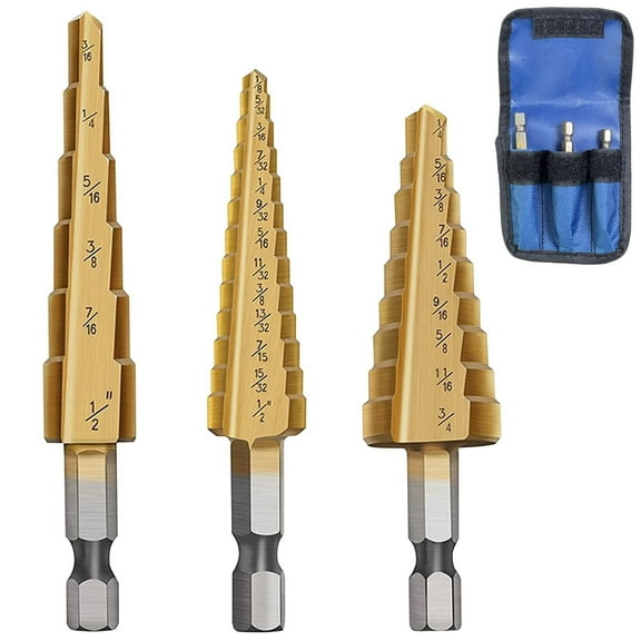 Step Drill Bit Set, 3Pcs Step Bits for DIY Projects and Professionals Titanium-Coated High-Speed Steel Step Drill Bits for Wood, Metal, and Plastic with Organizer Pouch