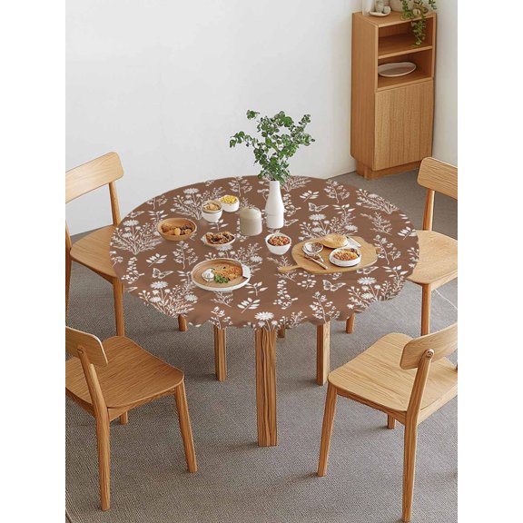 Spring Wildflower Round Fitted Tablecloth with Elastic Edge, Rustic Grasses Leaves Butterfly Country Brown Waterproof Stretch Table Covers for 55"-60" Tables Wipeable Table Cloth for Outdoor